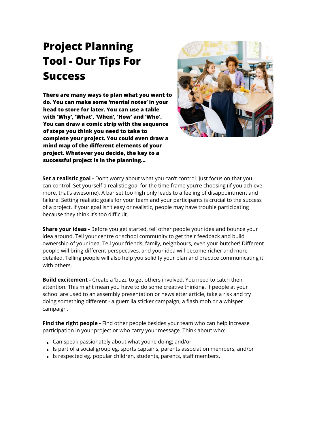 First page of Project Planning Tool - Our Tips For Success Factsheet