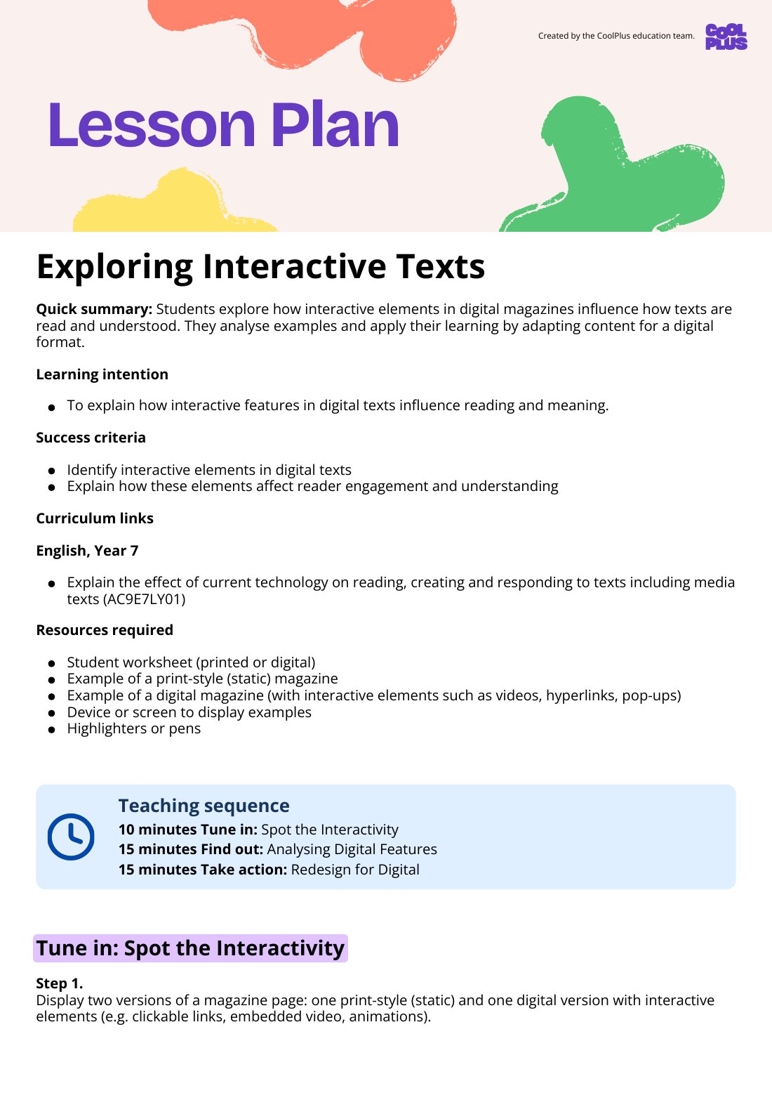 First page of Exploring Interactive Texts Lesson Plan