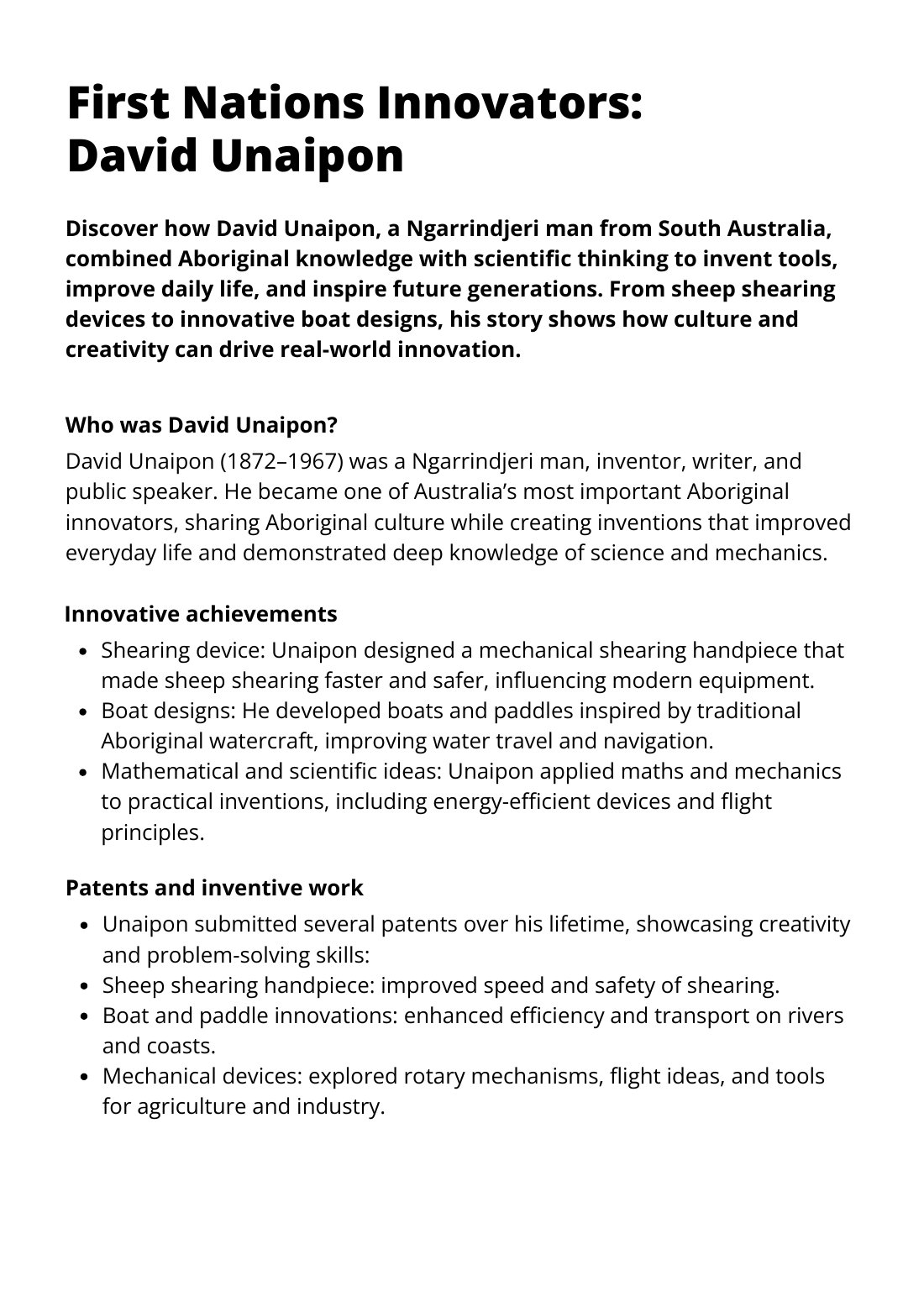 First page of First Nations Innovators: David Unaipon Factsheet