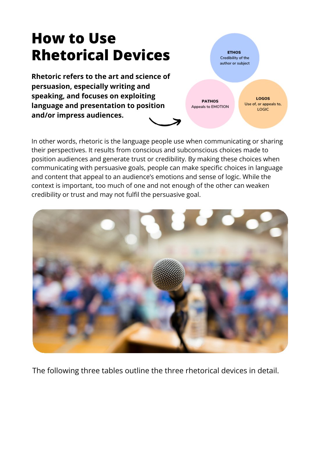 First page of How to Use Rhetorical Devices Factsheet