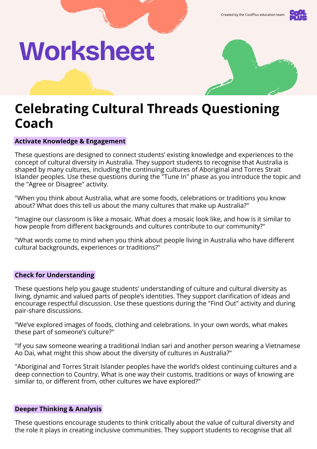 First page of Celebrating Cultural Threads Questioning Coach Factsheet