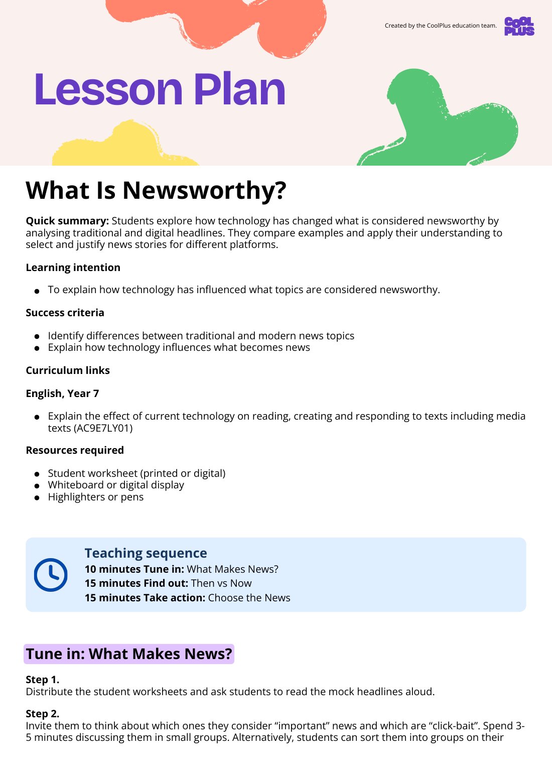 First page of What Is Newsworthy? Lesson Plan