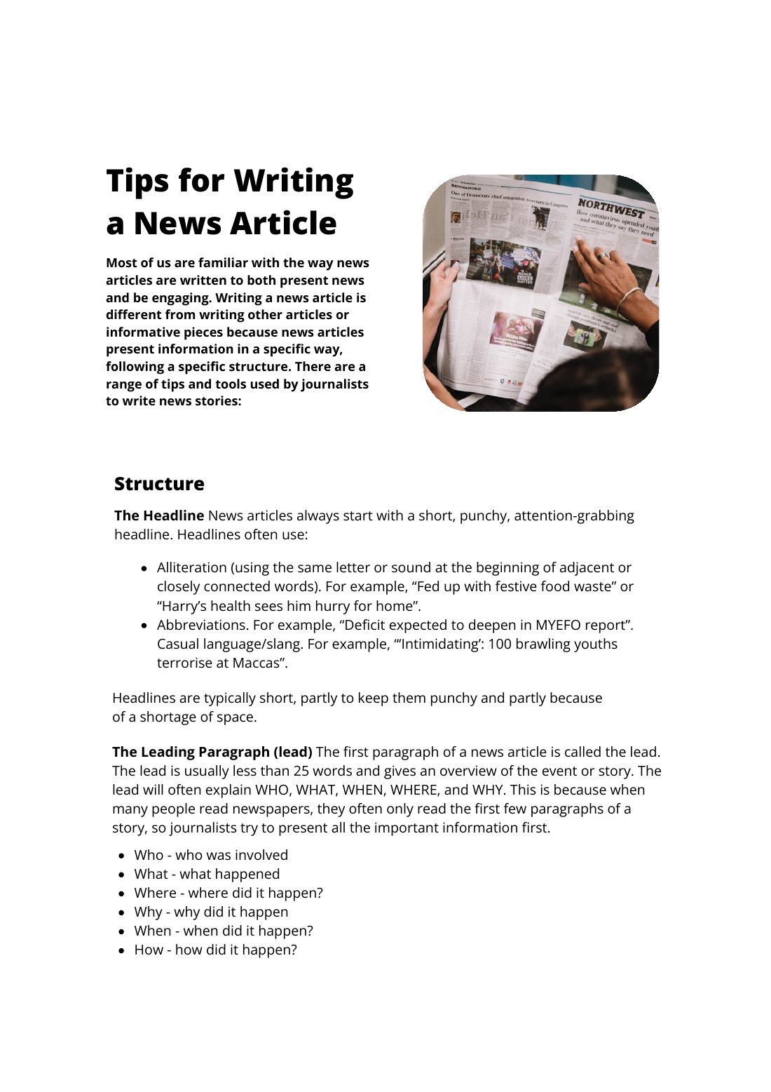 First page of Tips for Writing a News Article Factsheet
