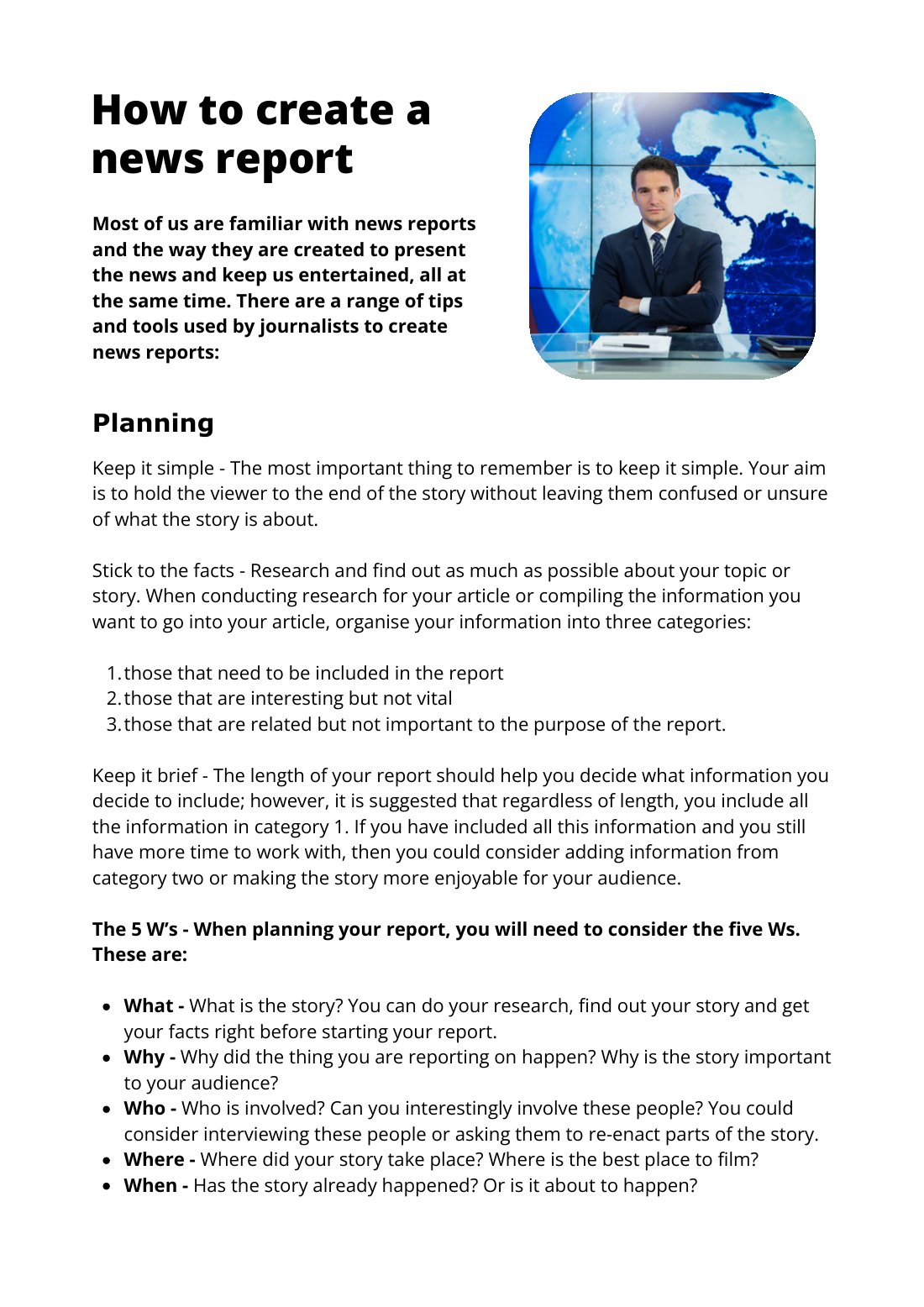 First page of How to Create a News Report Factsheet