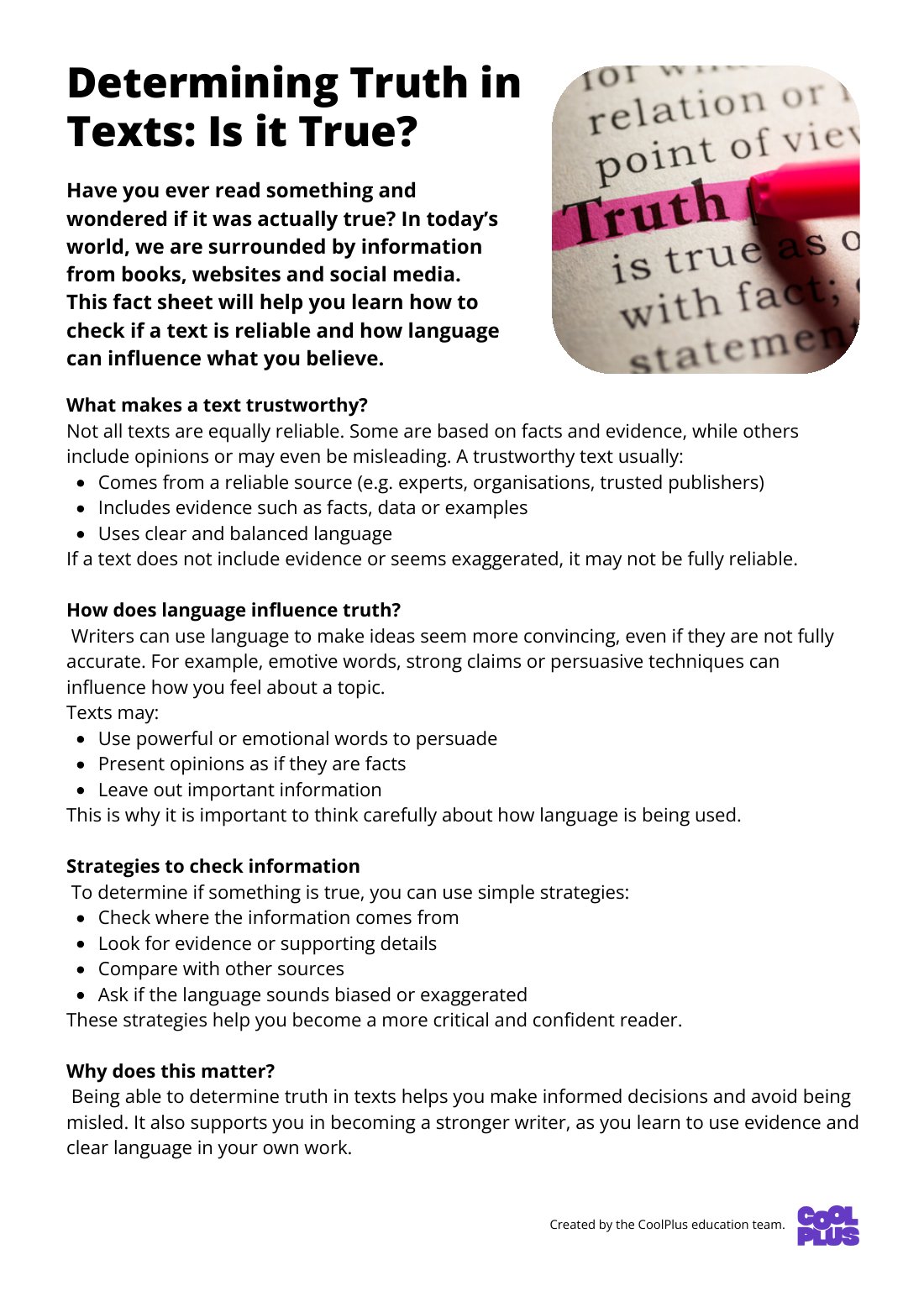 First page of Determining Truth in Text Factsheet