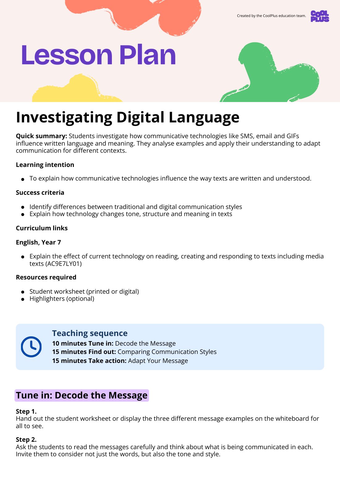 First page of Investigating Digital Language Lesson Plan
