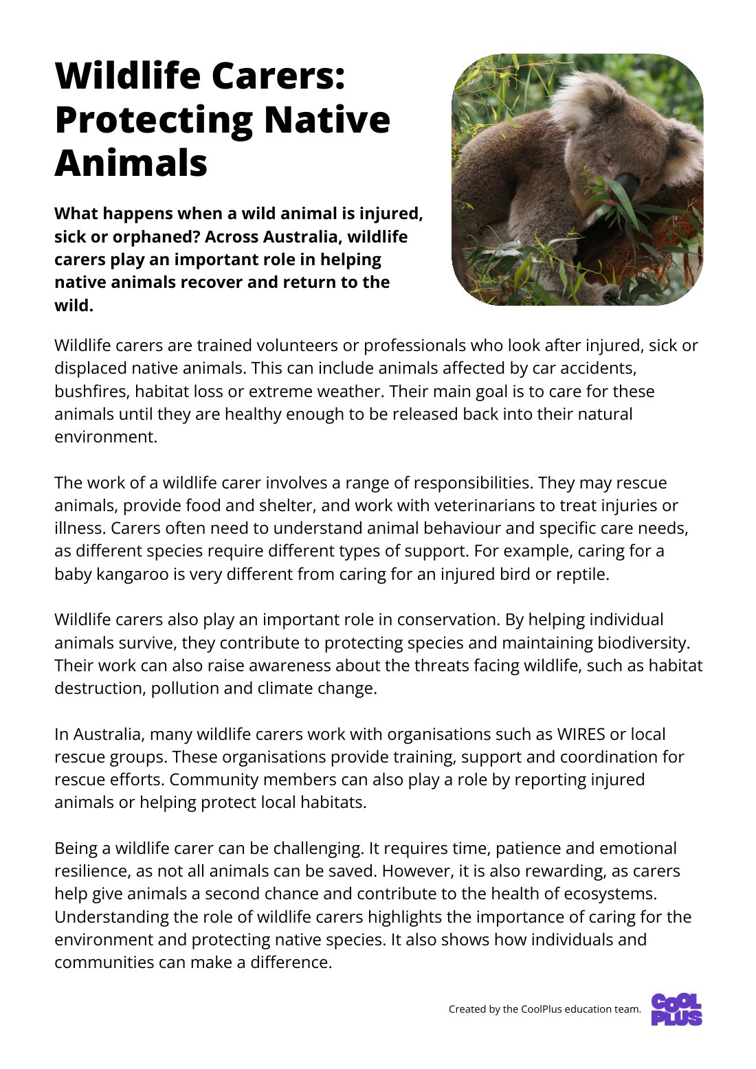 First page of Wildlife Carers: Protecting Native Animal Factsheet