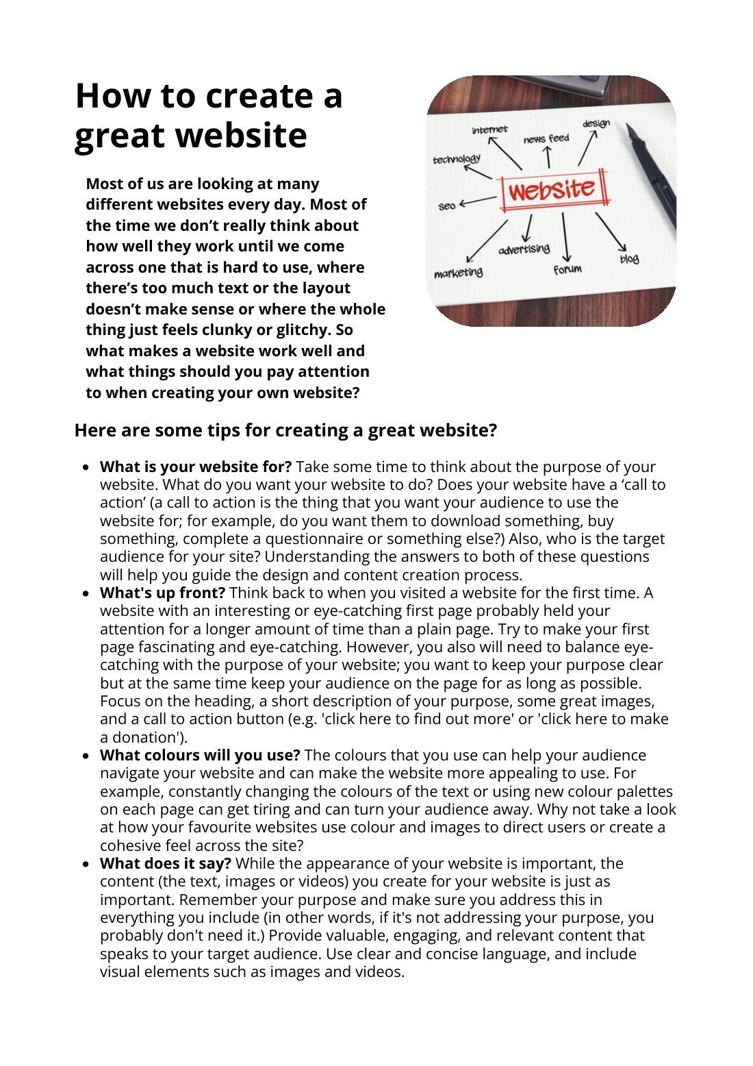 First page of How To Create A Great Website Factsheet