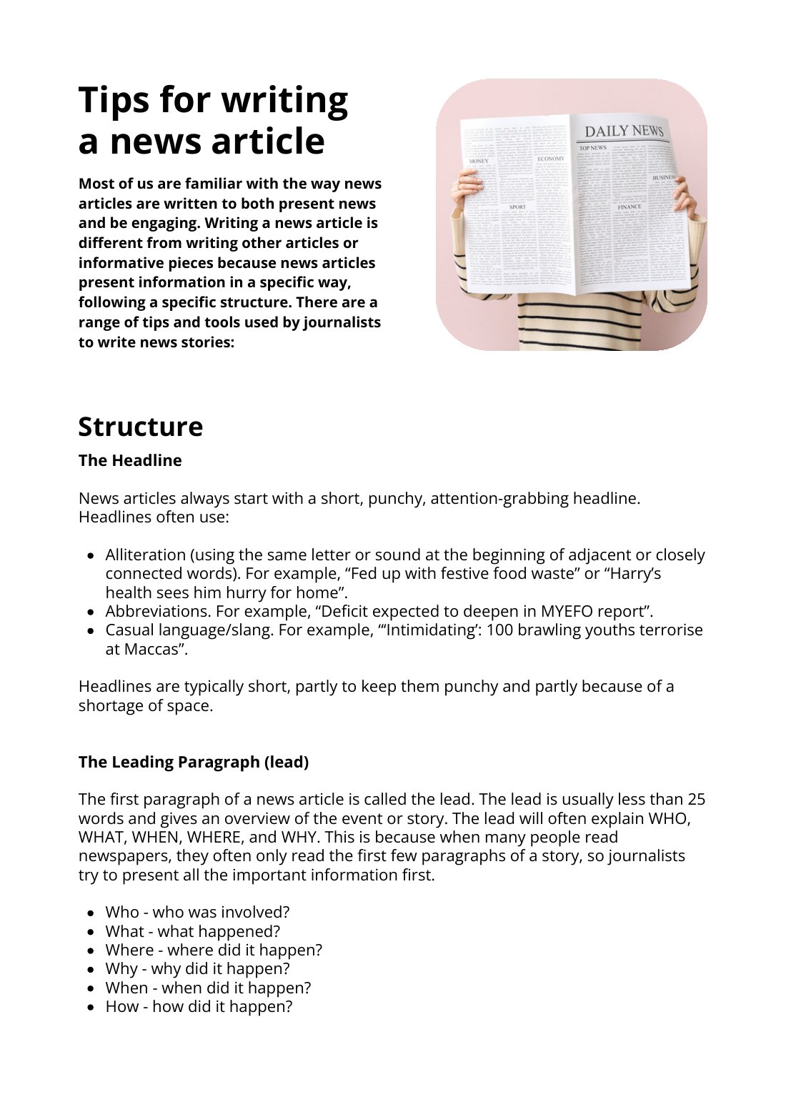 First page of Tips For Writing A News Article Factsheet