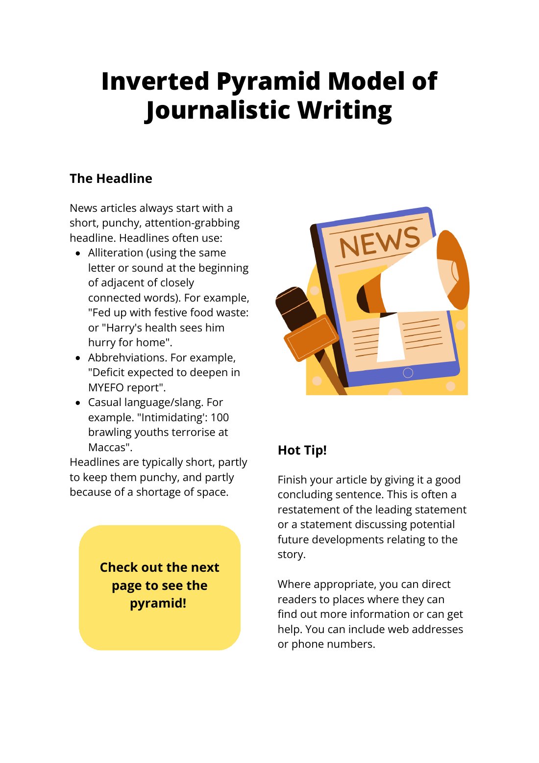 First page of Inverted Pyramid of Journalistic Writing Factsheet