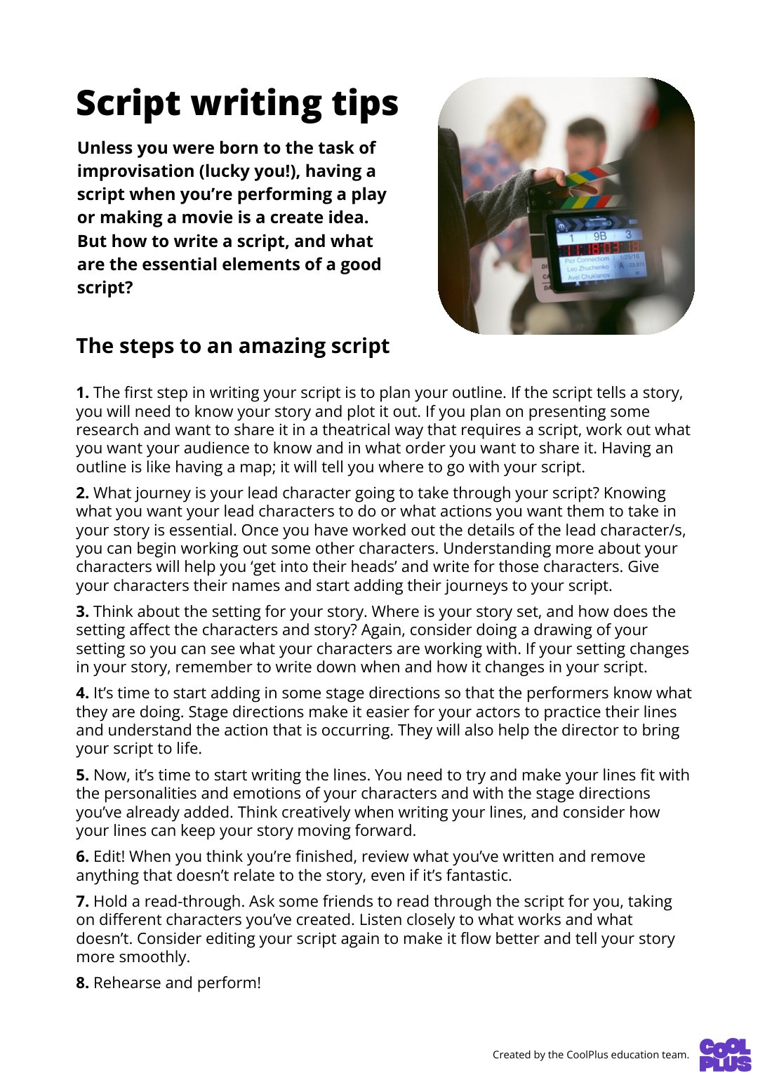 First page of Script Writing Tips Factsheet