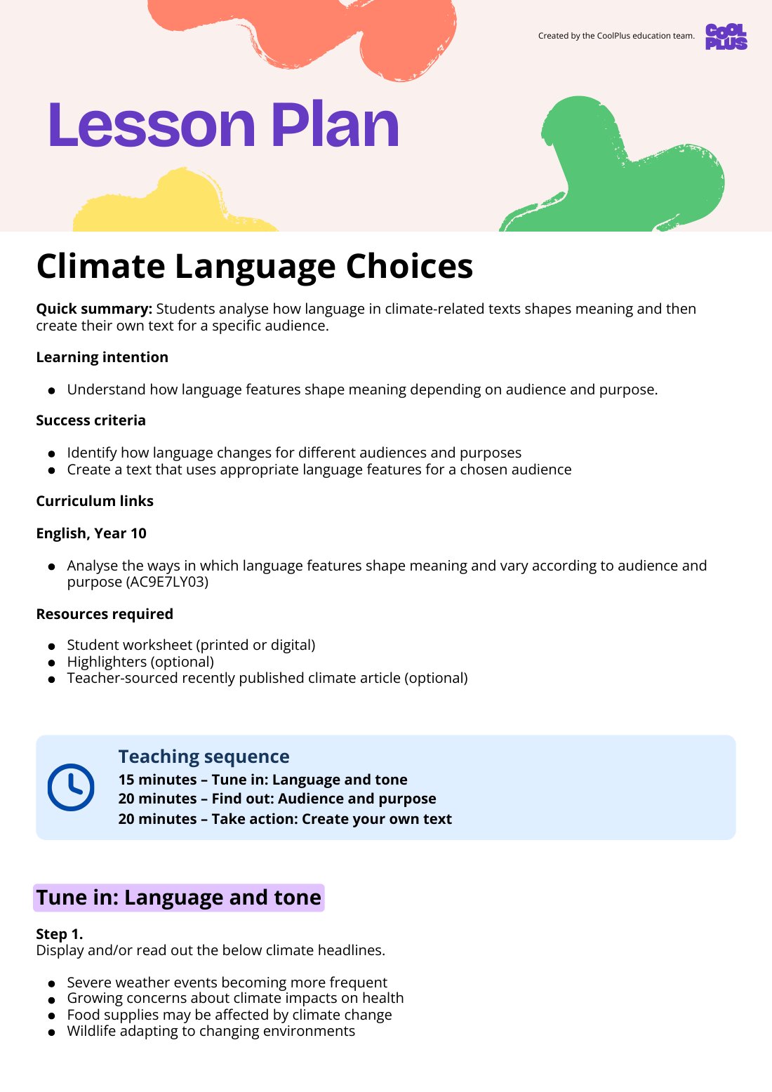 First page of Climate Language Choices Lesson Plan