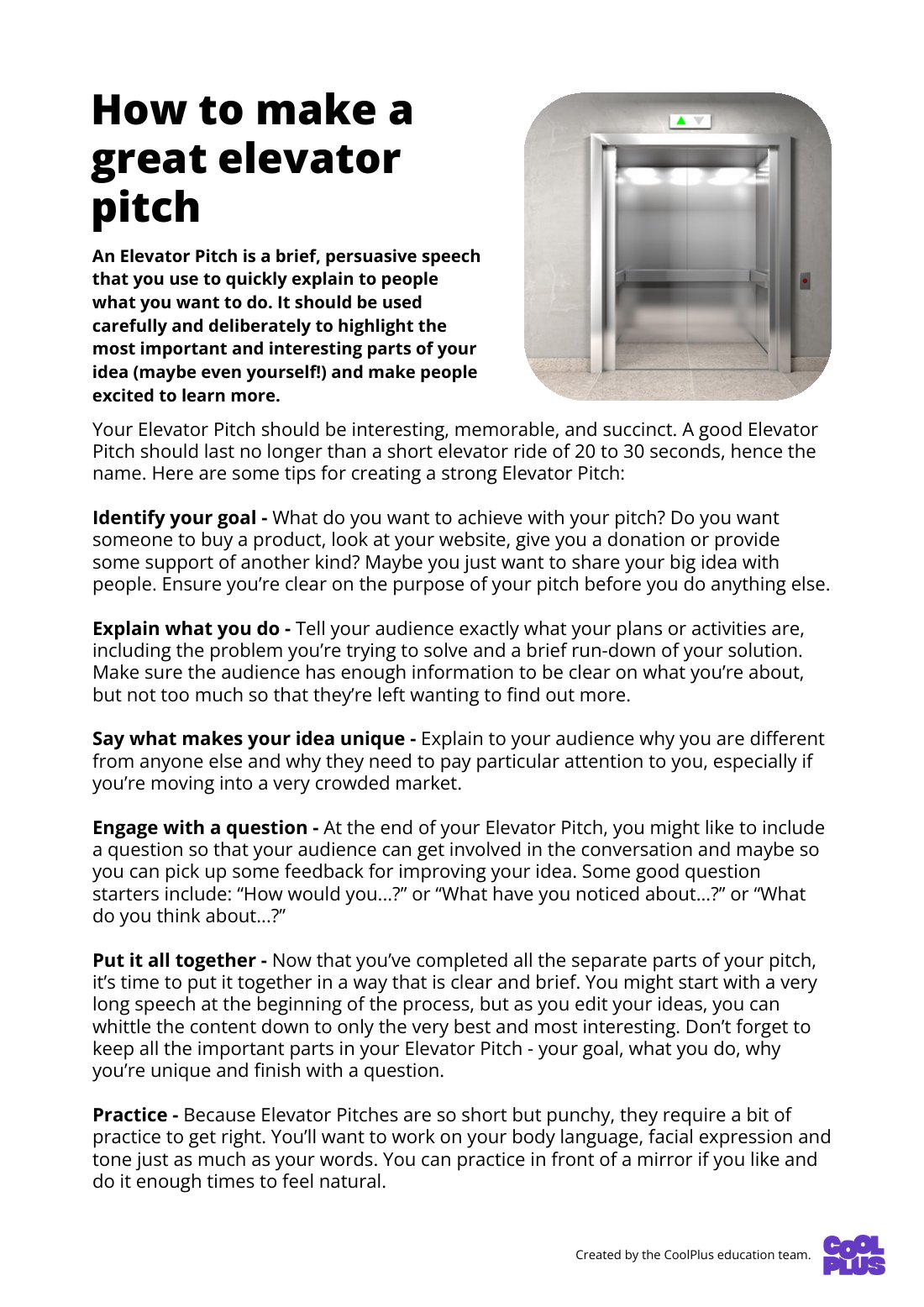 First page of How To Make A Great Elevator Pitch Factsheet