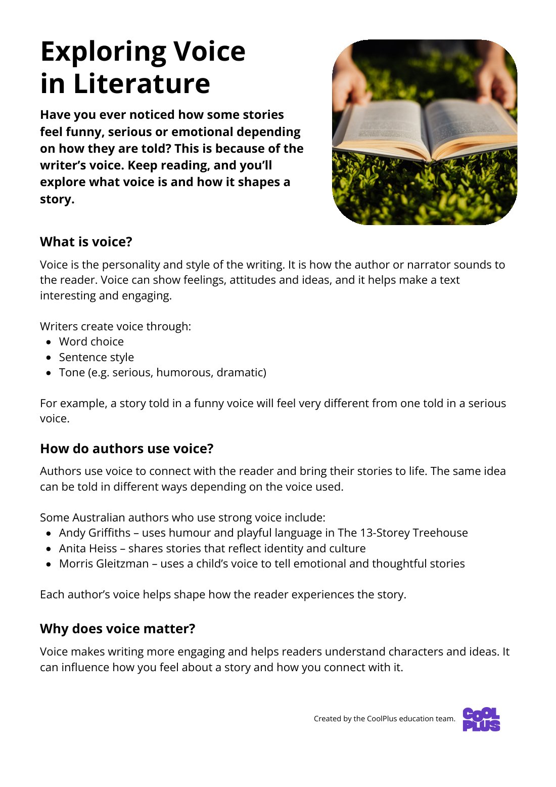 First page of Exploring Voice in Literature Factsheet