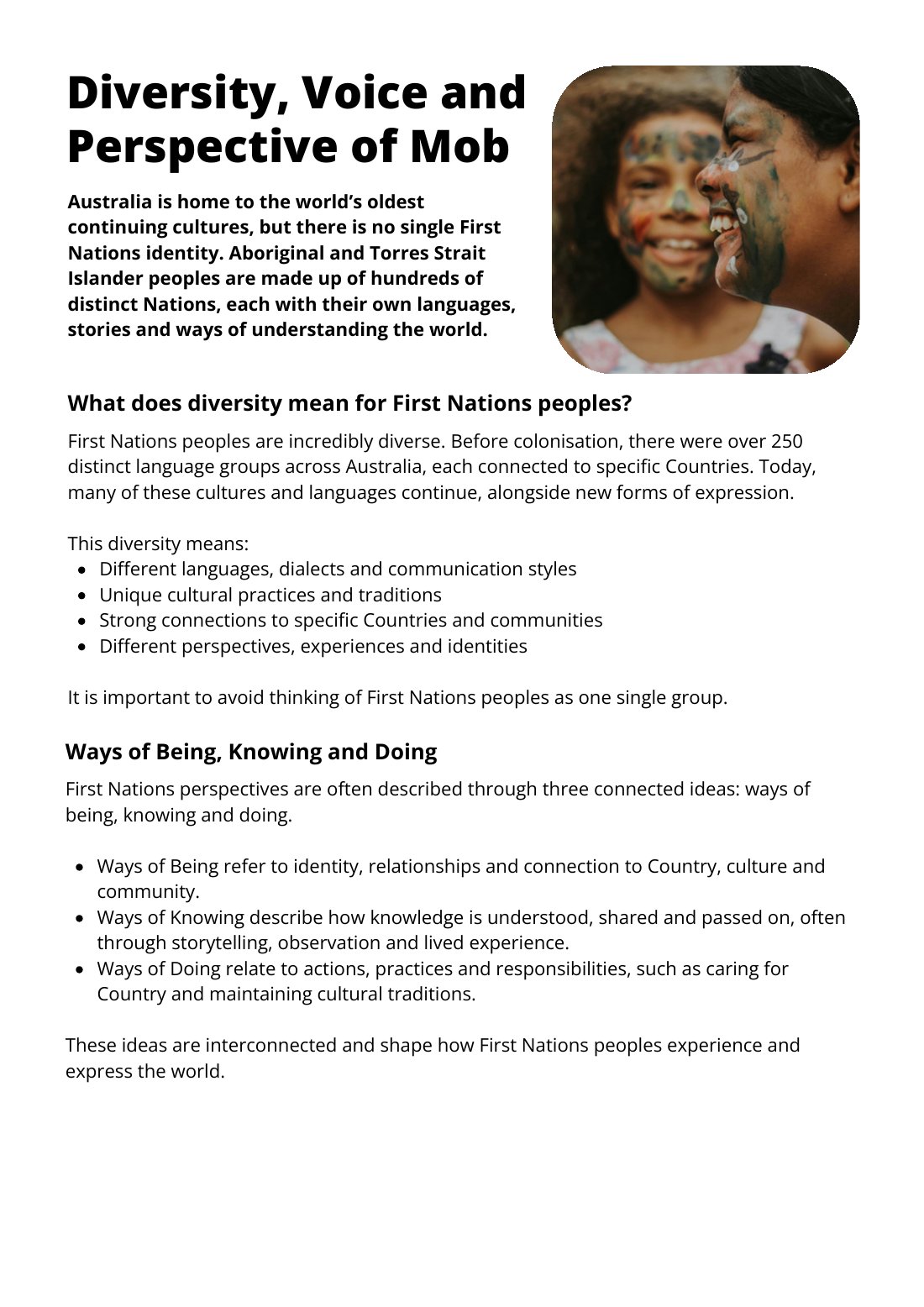 First page of Diversity, Voice and Perspective of Mob Factsheet