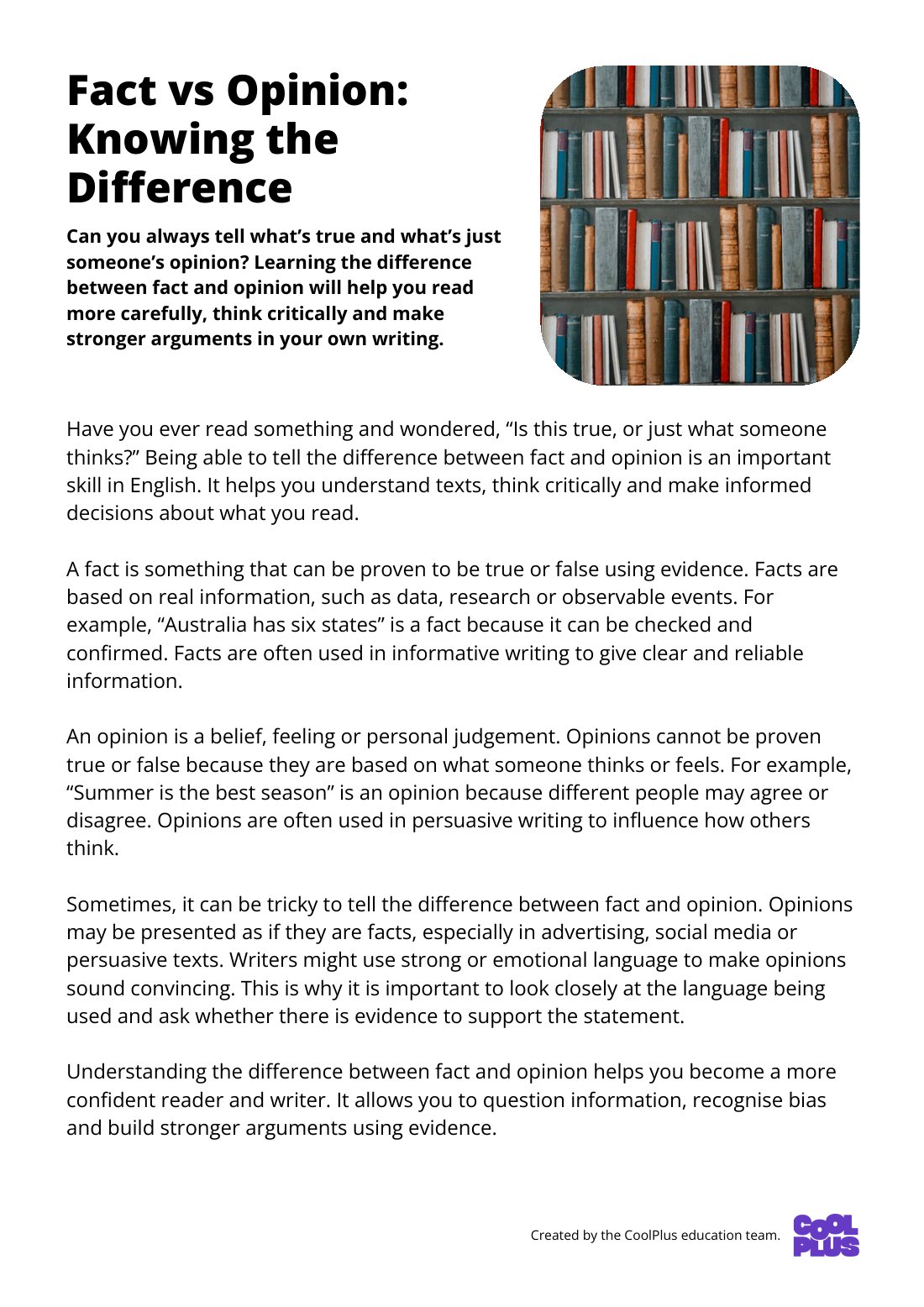 First page of Fact vs Opinion Factsheet