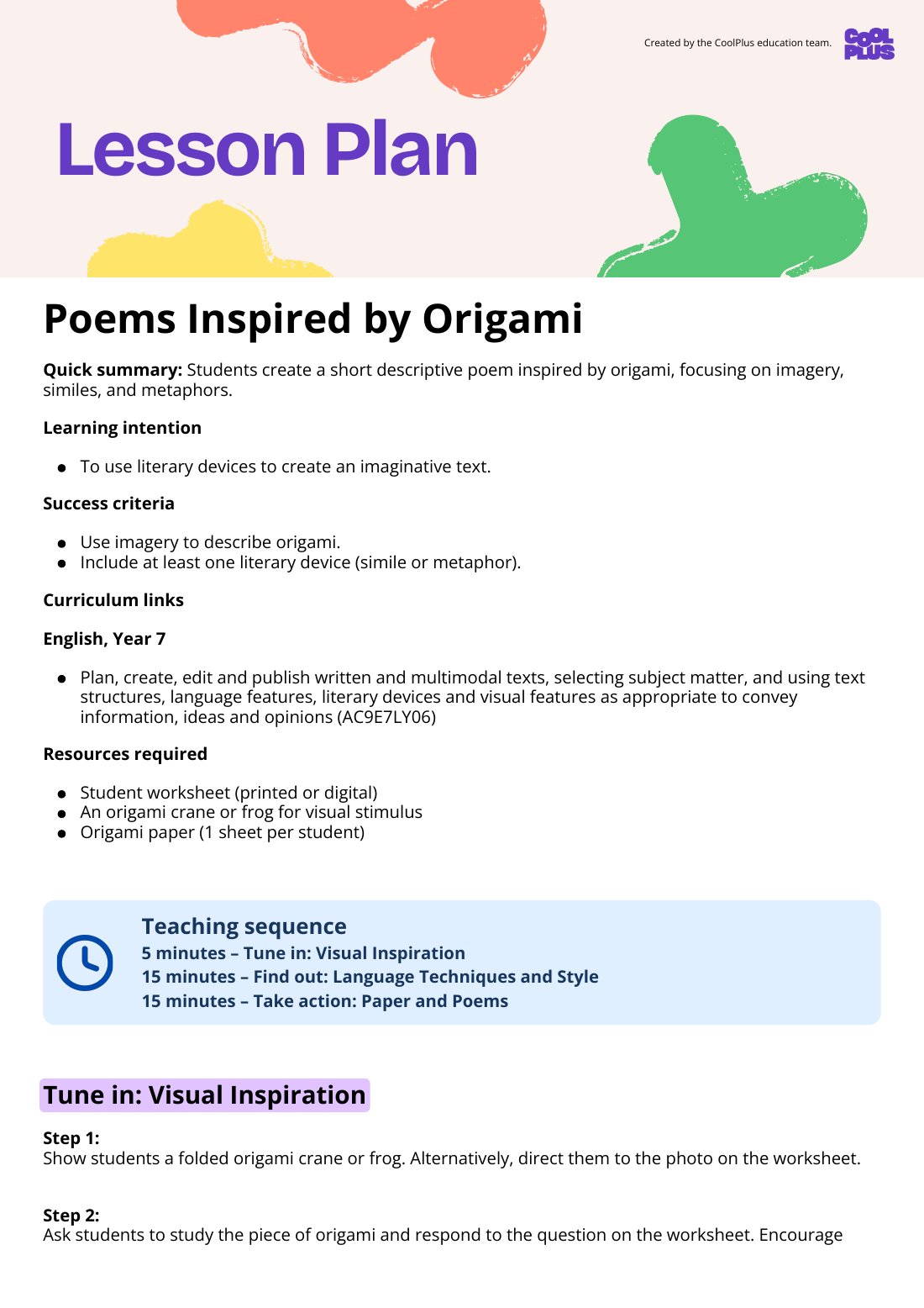 First page of Poems Inspired by Origami Lesson Plan