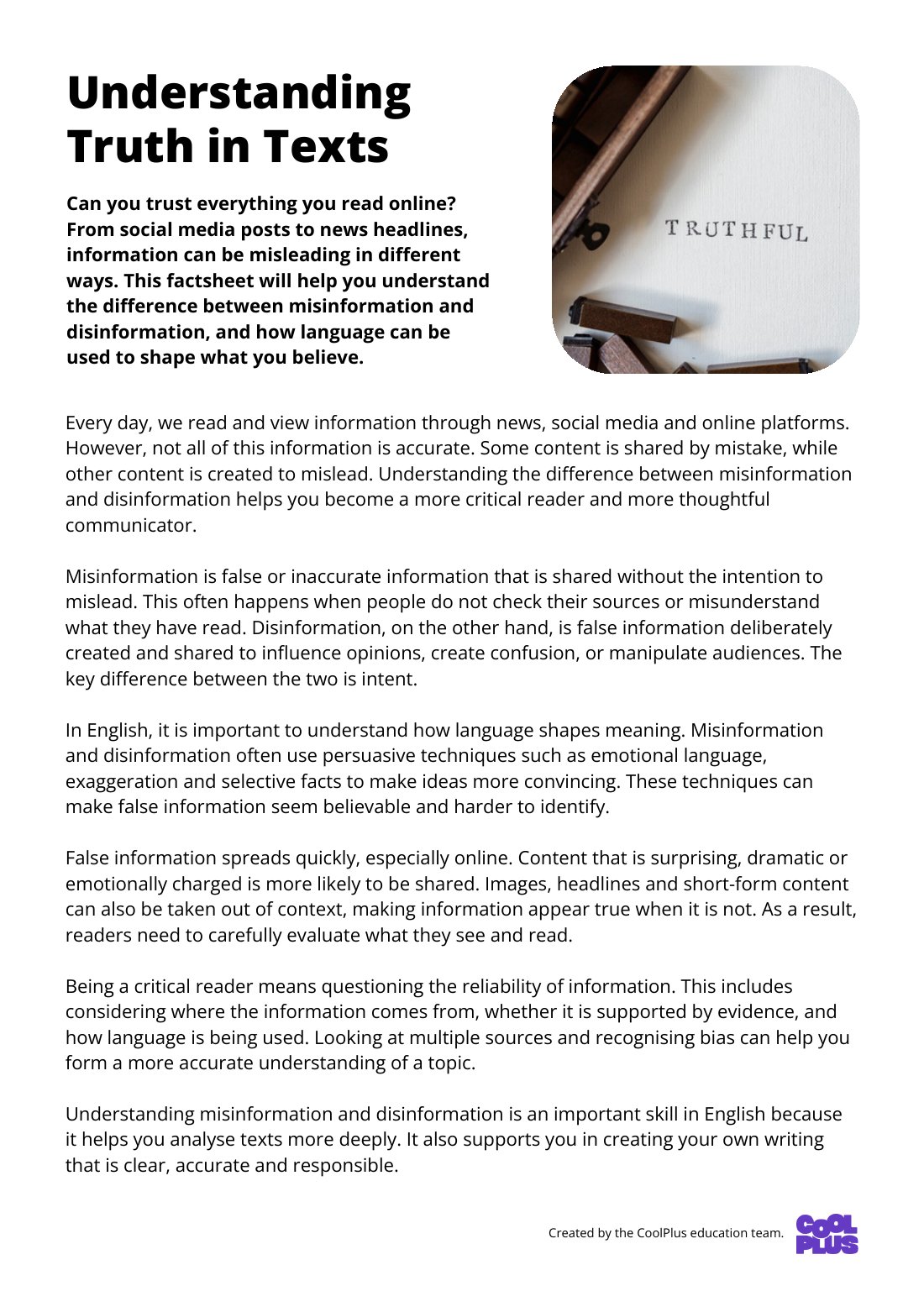 First page of Understanding Truth in Texts Factsheet
