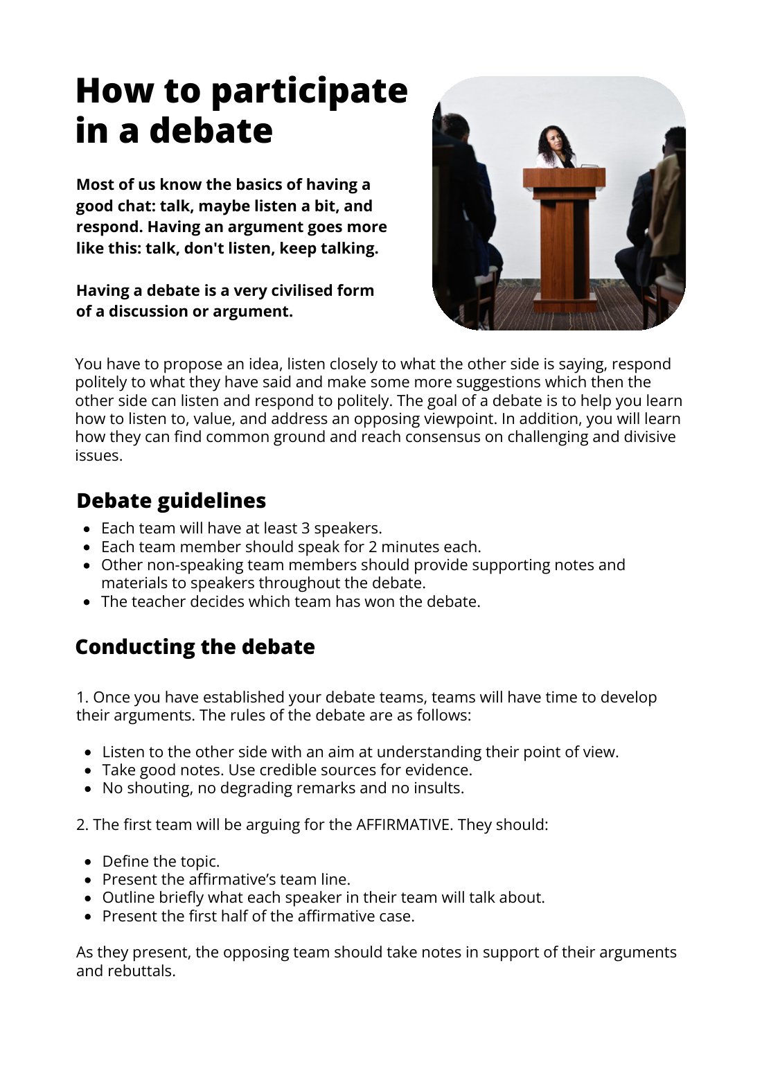 First page of How To Participate In A Debate Factsheet