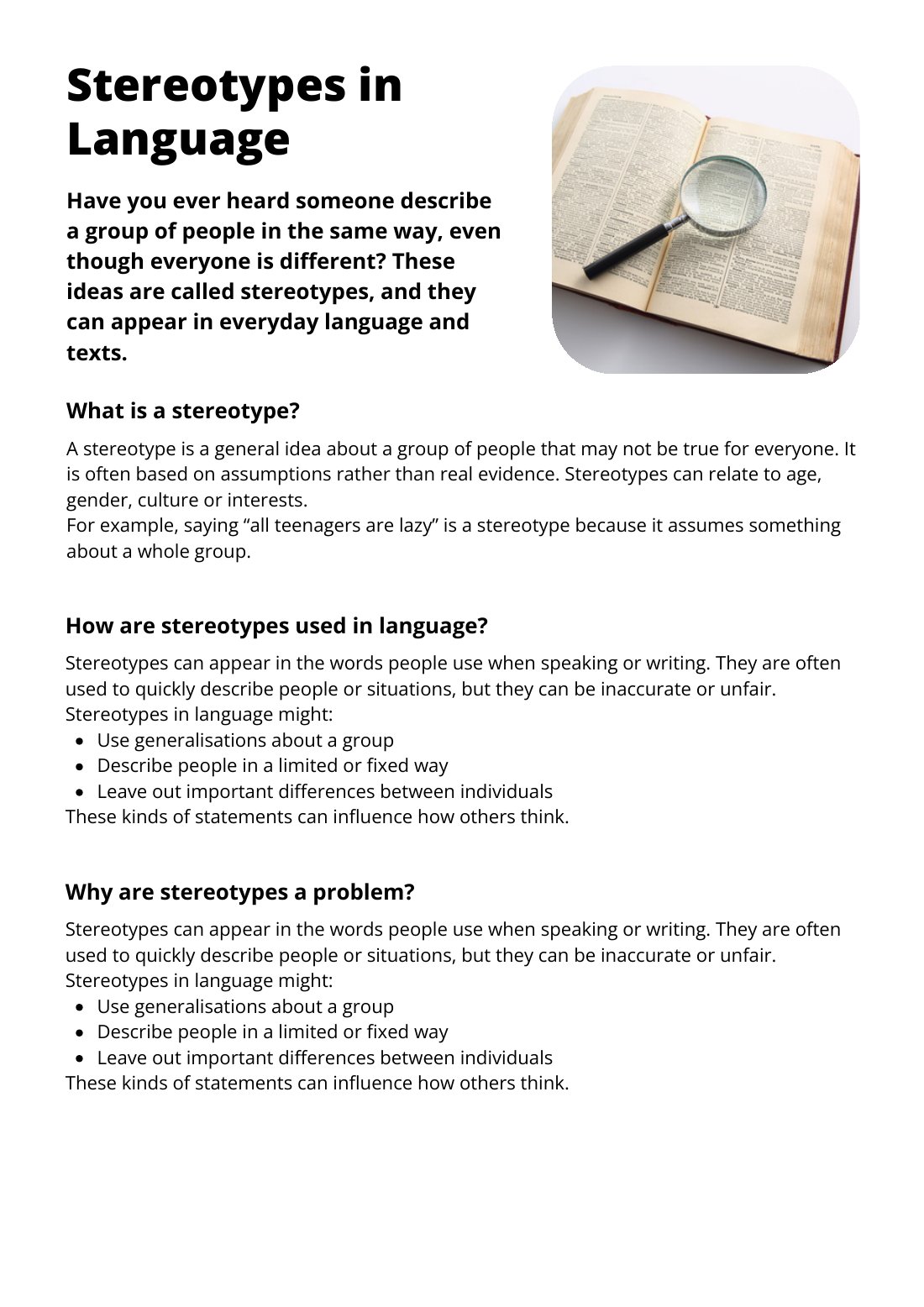 First page of Stereotypes in Language Factsheet