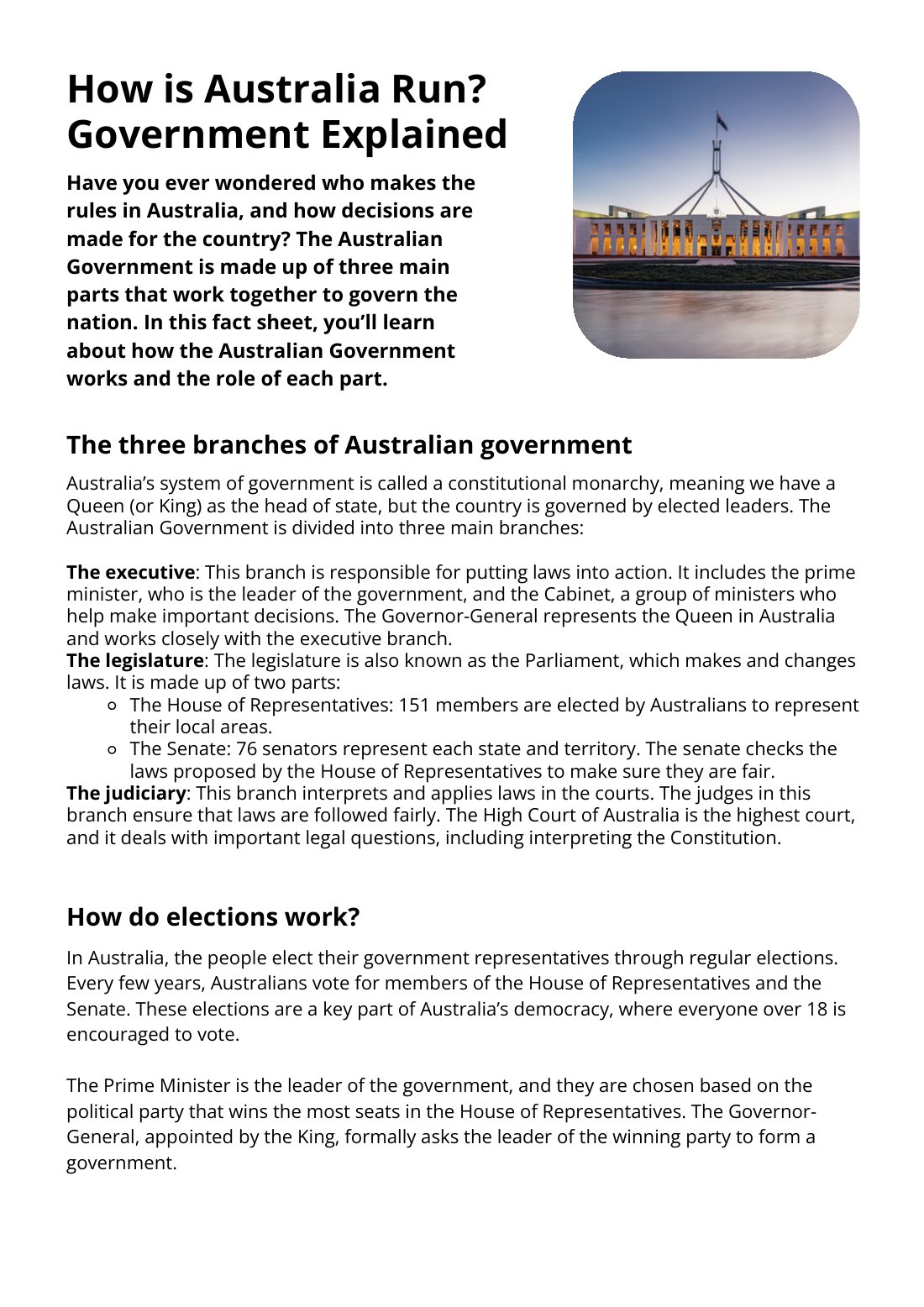 First page of Australian Government factsheet