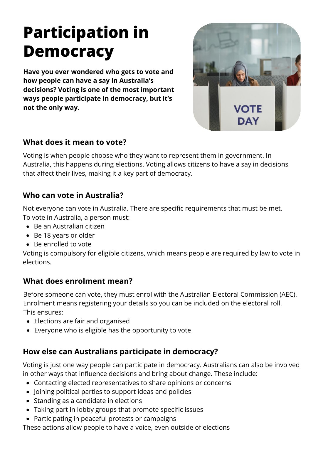 First page of Participation in Democracy Factsheet