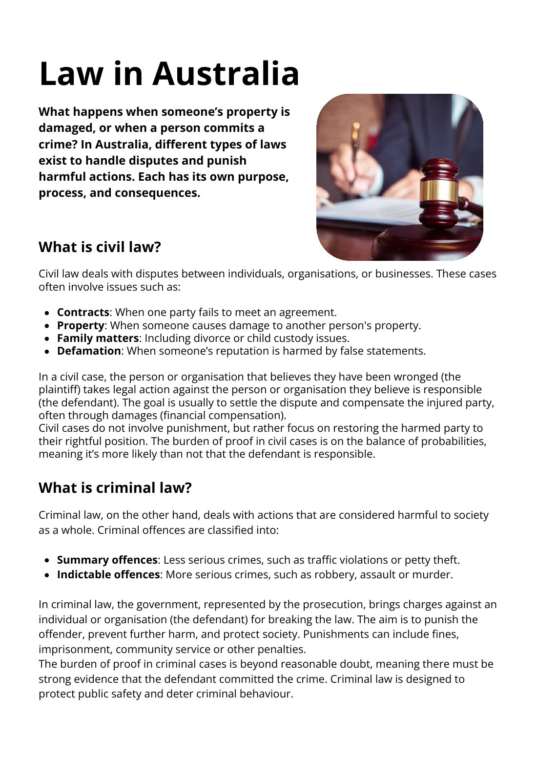 First page of Law in Australia: Civil vs Criminal Law Factsheet