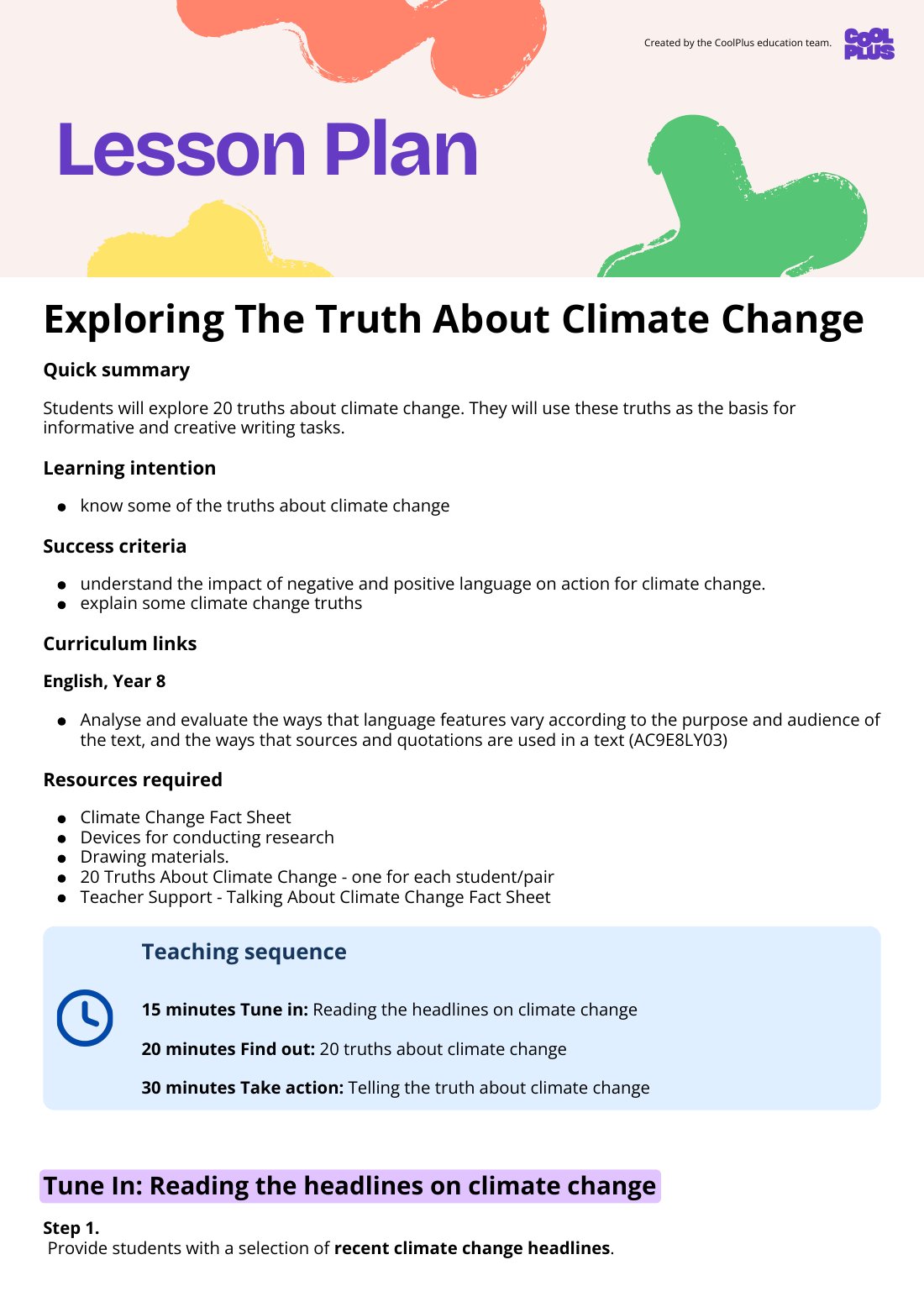 First page of Exploring the Truth About Climate Change Lesson Plan