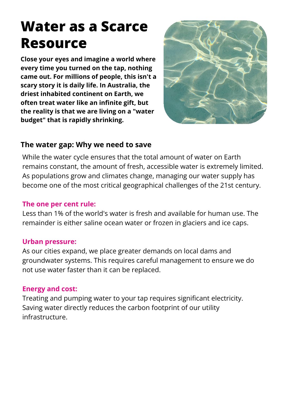 First page of Water as a Scarce Resource Factsheet