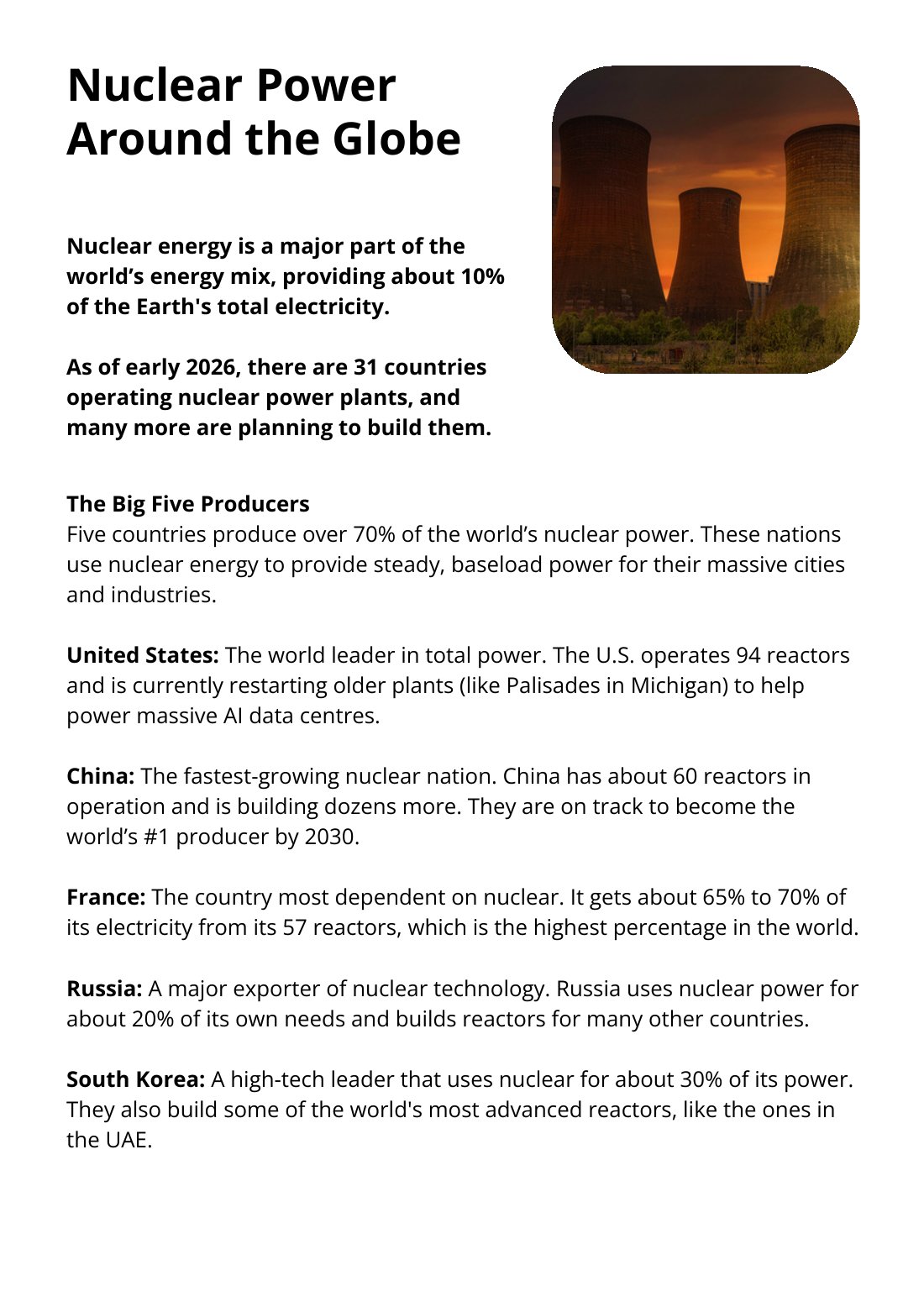 First page of Nuclear Power Around the Globe Factsheet