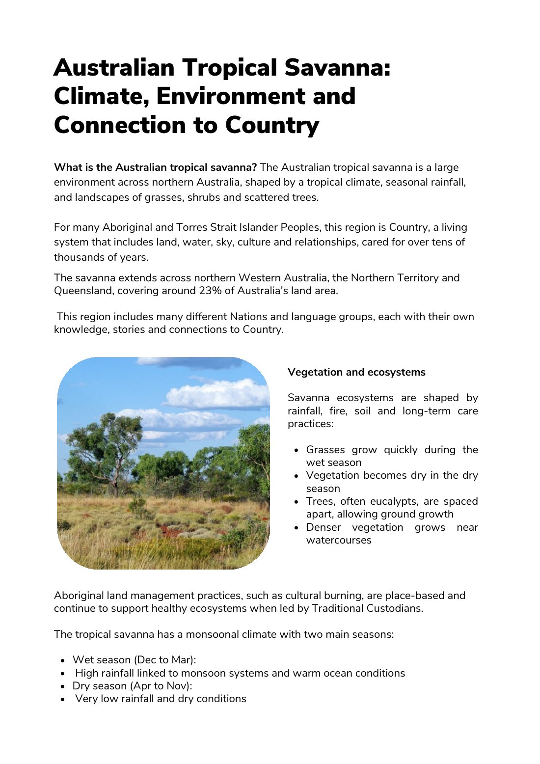 First page of Australian Tropical Savanna: Climate, Environment and Connection to Country Factsheet