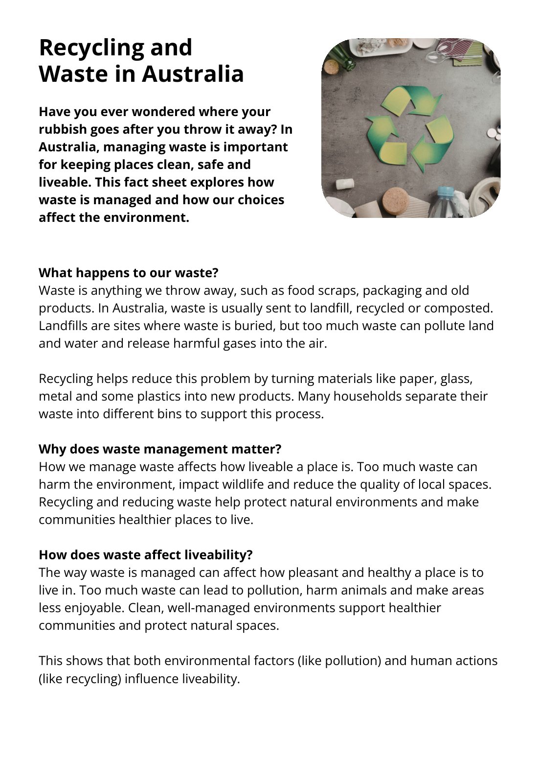 First page of Recycling and Waste in Australia Factsheet