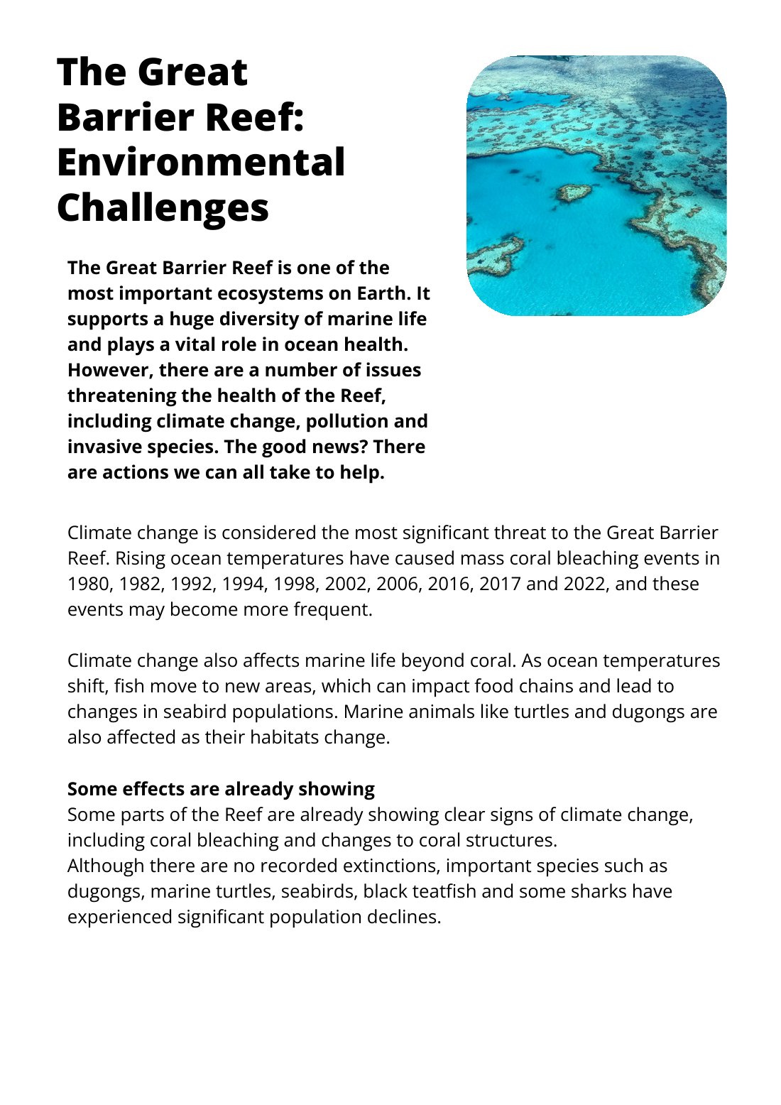 First page of The Great Barrier Reef: Environmental Challenges Factsheet