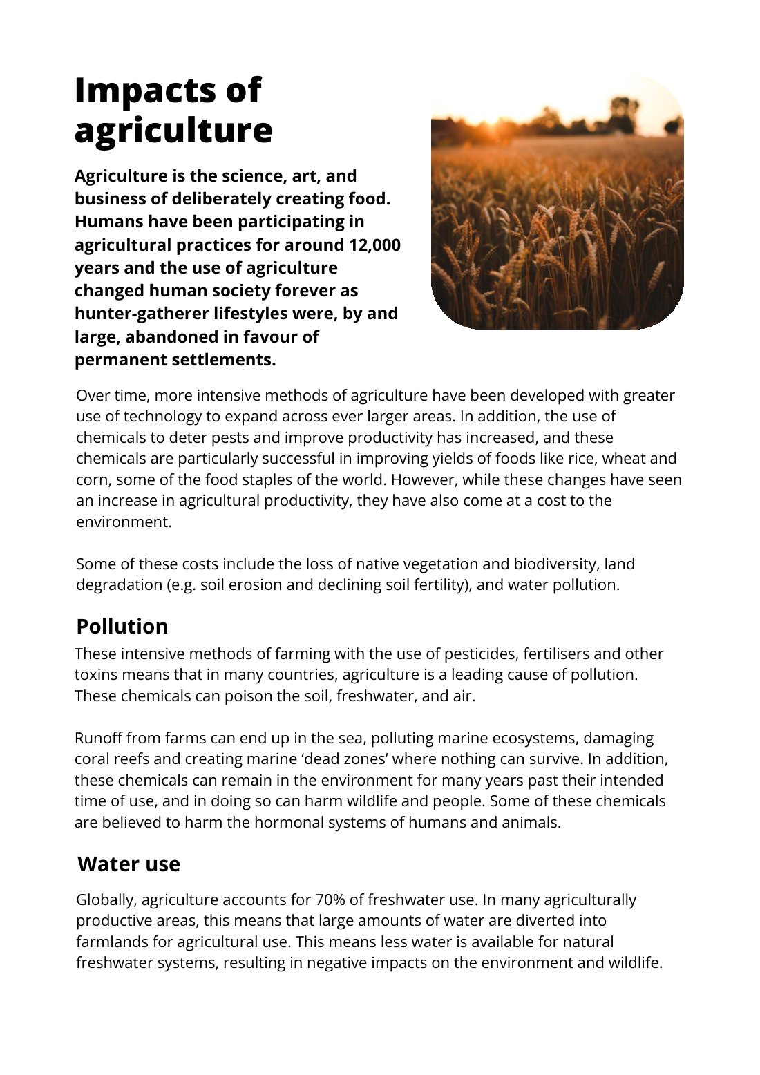 First page of Impacts of Agriculture Factsheet