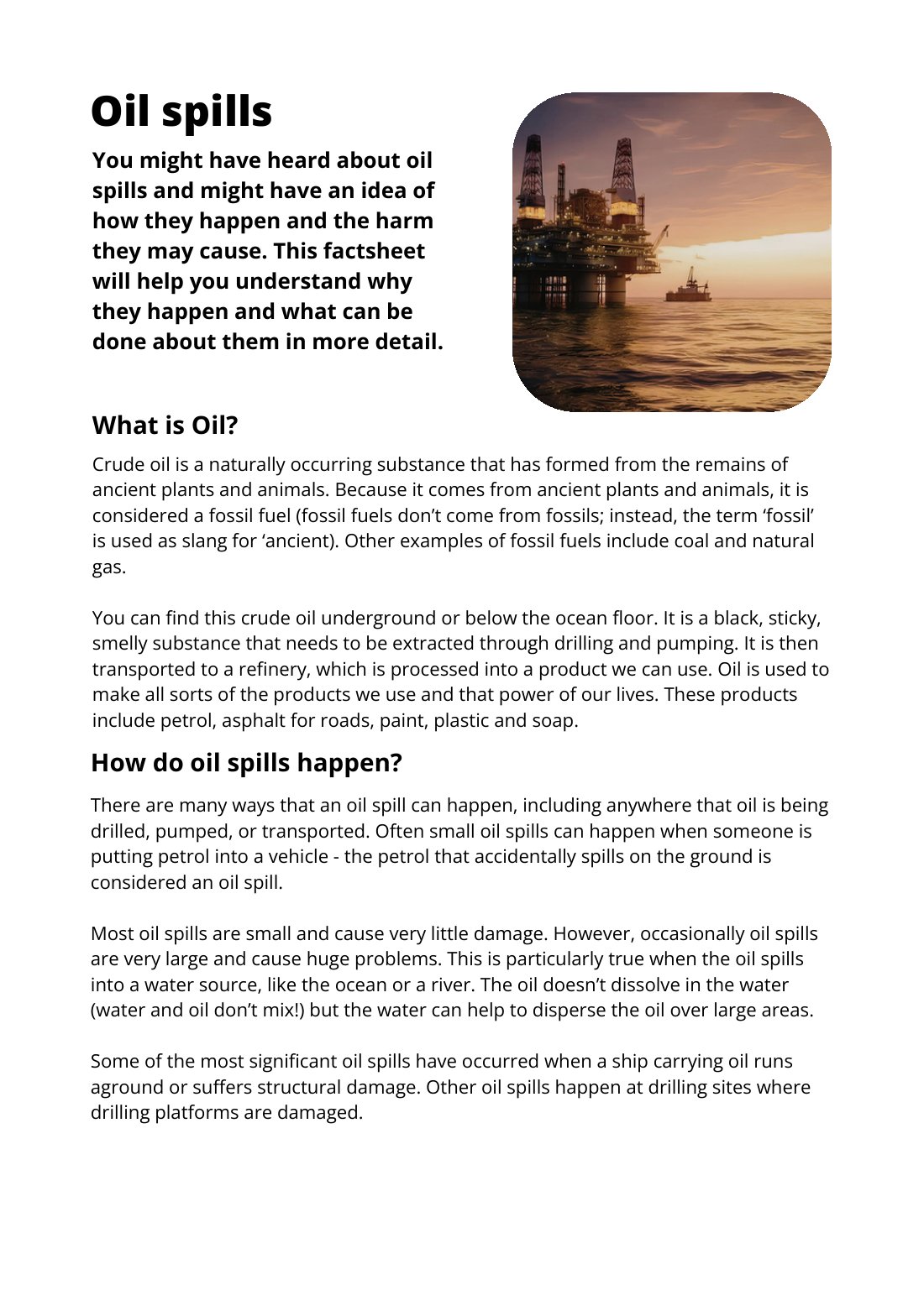 First page of Oil Spills Factsheet