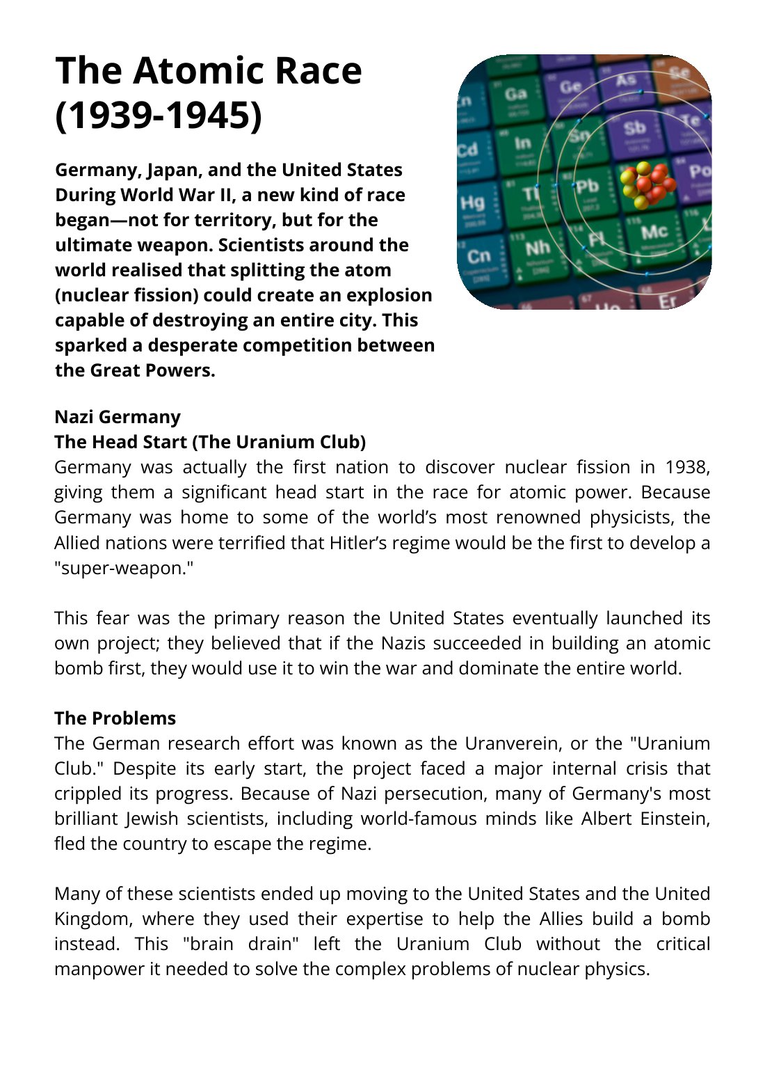First page of The Atomic Race Factsheet
