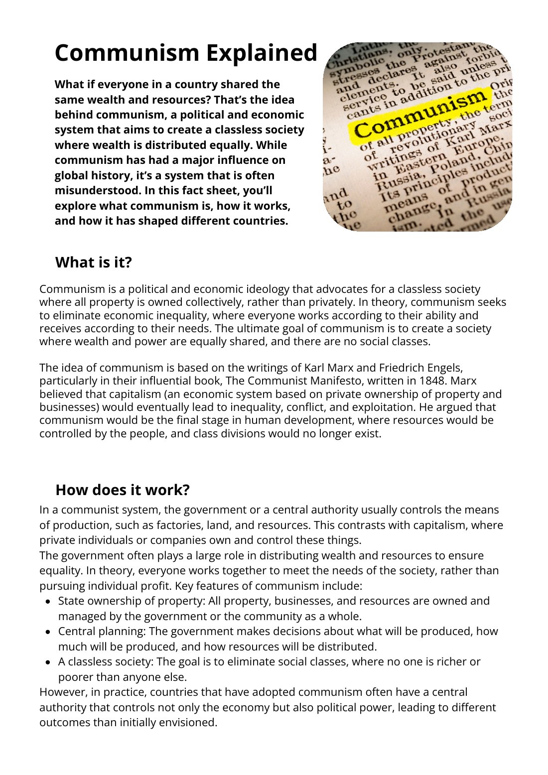 First page of Communism Explained Factsheet