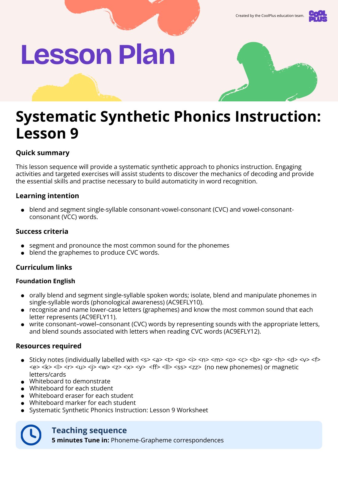 First page of Systematic Synthetic Phonics Instruction: Lesson 9