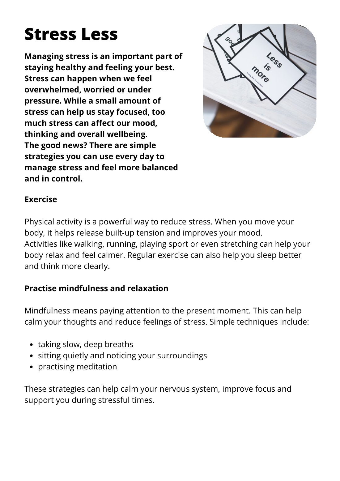 First page of Stress Less Factsheet