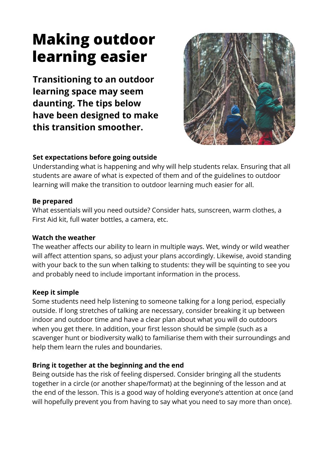 First page of Making Outdoor Learning Easier Factsheet