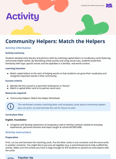 Community Helpers Match the Helpers Activity