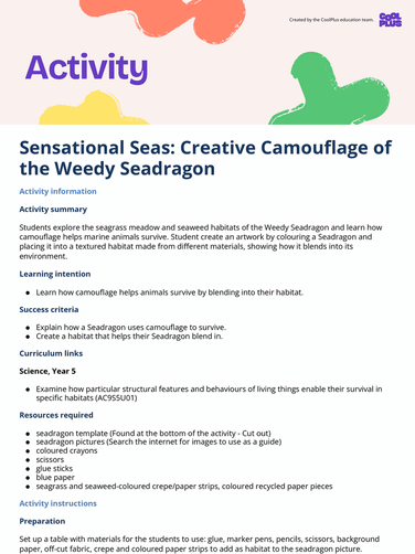 Sensational Seas: Creative Camouflage of the Weedy Seadragon Activity