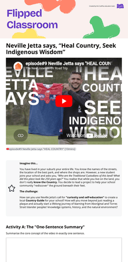 First page of Flipped Classroom Neville Jetta says “Heal Country, Seek Indigenous Wisdom” Worksheet