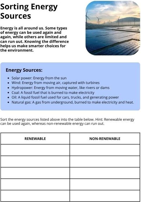 Sorting Energy Sources Worksheet