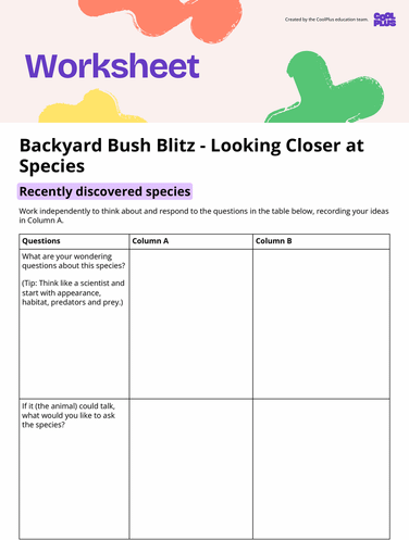 Backyard Bush Blitz: Looking Closer at Species Worksheet