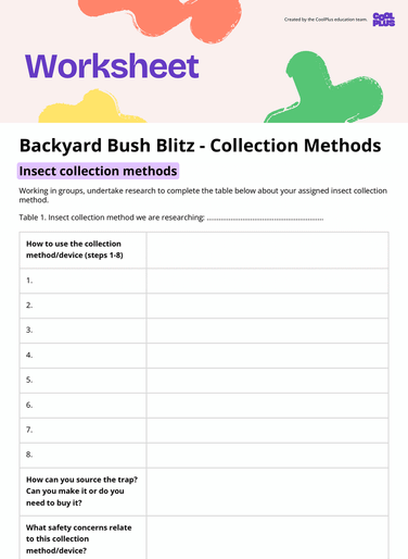 Backyard Bush Blitz - Collection Methods Worksheet