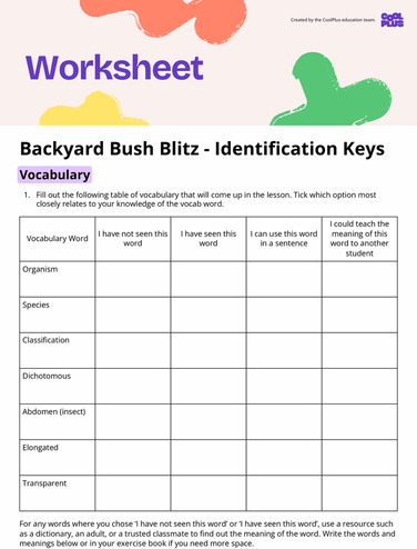 Backyard Bush Blitz: Identification Keys Worksheet