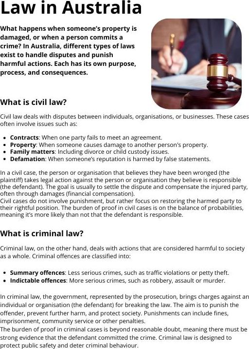 Law in Australia: Civil vs Criminal Law Factsheet