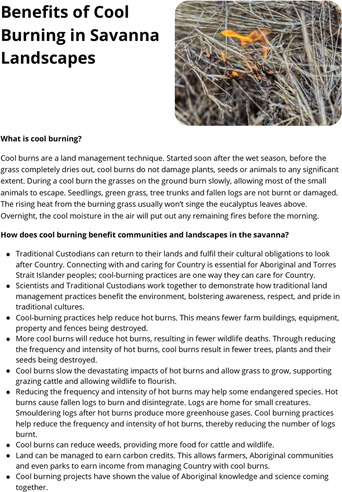 Benefits of Cool Burning in Savanna Landscapes Factsheet